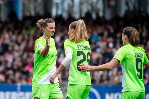 Alexandra Popp VfL Wolfsburg, 11 , Vivien Endemann VfL Wolfsburg, 25 , Ewa Pajor VfL Wolfsburg, 09 celebrate the goal for 1 3, GER, FC Nuernberg vs VfL Wolfsburg, Football Google Pixel Womens Bundesliga, Matchday 14, Season 2023 2024, 17 02 2024 DFB regulations prohibit any use of photographs as image sequences and or quasi video GER, FC Nuernberg vs VfL Wolfsburg, Fußball Google Pixel Frauen Bundesliga, 14 Spieltag, Saison 2023 2024, 17 02 2024 Nuernberg Copyright: xEibner-Pressefoto Memmlerx EP_MMR