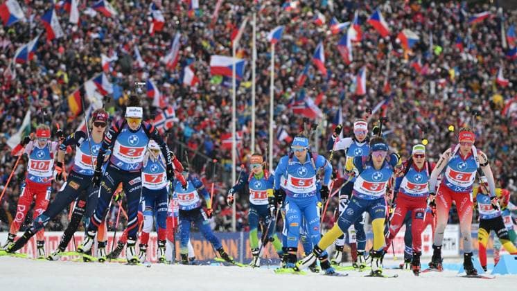 Bilder des Jahres 2024, Sport 02 Feburar Sport Themen der Woche KW07 Start of Women s 4x6 km relay race during the Biathlon World Championships 2024, in Nove Mesto na Morave, Zdar district, Vysocina Region, Czech Republic, February 17, 2024. (CTKxPhoto MichalxKamaryt) CTKPhotoP2024021702704  CTKPhotoP2024021702704