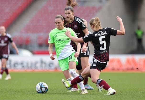 17 02 2024 Soccer Season 2023 2024 1 Women Soccer Bundesliga 14 Matchday 1 FC Nürnberg FCN Club VfL Wolfsburg Sportfoto Zink DaMa xdaxmax Ewa Pajor 9, VfL Wolfsburg Nele Bauereisen 23, 1 FC Nürnberg FCN Alina Mailbeck 5, 1 FC Nürnberg FCN