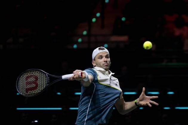 ROTTERDAM - Grigor Dimitrov (Bulgaria) in action against Alex de Minaur (Australia) during the first semi-final on the sixth day of the ABN AMRO Open tennis tournament in Ahoy. ANP SANDER KONING ABN AMRO Open 2024 xVIxANPxSportx xxANPxIVx 491331364 originalFilename: 491331364.jpg
