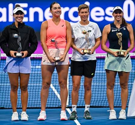 Qatar TotalEnergies Open - Final Demi Schuurs from the Netherlands and Luisa Stefani of Brazil are posing with their trophy after winning the doubles final match against runner-up winners Caroline Dolehide and Desirae Krawczyk of the US at the WTA, Tennis Damen 1000-Qatar TotalEnergies Open tennis tournament at the Khalifa International Tennis Complex in Doha, Qatar, on February 17, 2024. DOHA Qatar  Copyright: xNoushadxThekkayilx originalFilename:varittyakkal-qatartot240217_np2vx.jpg
