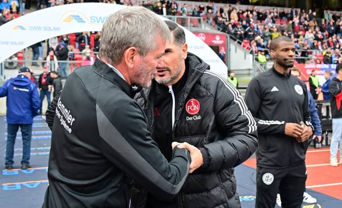18 02 2024 Soccer Season 2023 2024 2 Soccer Bundesliga 22 Matchday 1 FC Nürnberg FCN Club 1 FC Kaiserslautern FCK Roten Teufel Sportfoto Zink xwoxzix DFL regulations prohibit any use of photographs as image sequences and or quasi video only for editorial use Friedhelm Funkel Trainer 1 FC Kaiserslautern FCK Cristian Fiel Trainer 1 FC Nürnberg FCN before the start of the match