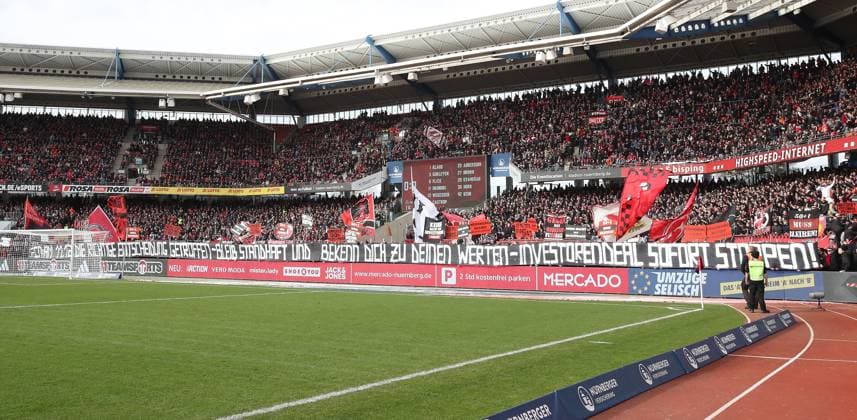 18 02 2024 Soccer Season 2023 2024 2 Soccer Bundesliga 22 Matchday 1 FC Nürnberg FCN Club 1 FC Kaiserslautern FCK Roten Teufel Sportfoto Zink DaMa xdaxmax DFL regulations prohibit any use of photographs as image sequences and or quasi video only for editorial use Clubfan Clubfans FCN Fans Fans protest inside the stadium during the match with banners banners signs and flags against the DFL and the planned investor entry