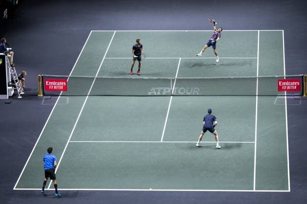 ROTTERDAM - Wesley Koolhof (NED) and Nikola Mektic (CRO) in action against Robin Haase and Botic van de Zandschulp on the last day of the ABN AMRO Open tennis tournament in Ahoy. ANP SANDER KONING ABN AMRO Open 2024 xVIxANPxSportx xxANPxIVx 491424982 originalFilename: 491424982.jpg