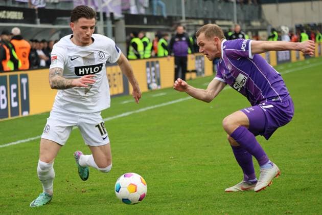 18 02 2024, Football, Men, 2 Bundesliga , 22 Matchday, Season 2023 2024, SV 07 Elversberg VfL Osnabrück, Hugo Vandermersch SV 07 Elversberg , Thomas Goiginger VfL Osnabrück Elversberg Ursapharm Arena an der Kaiserlinde Saarland Germany EN