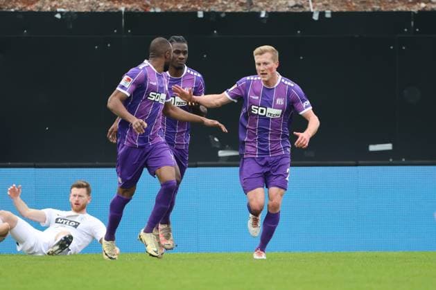 18 02 2024, Soccer, Men, 2 Bundesliga , 22 Matchday, Season 2023 2024, SV 07 Elversberg VfL Osnabrück, Goal celebration to 3 1, Goalscorer Maxwell Gyamfi VfL Osnabrück Elversberg Ursapharm Arena an der Kaiserlinde Saarland Germany EN