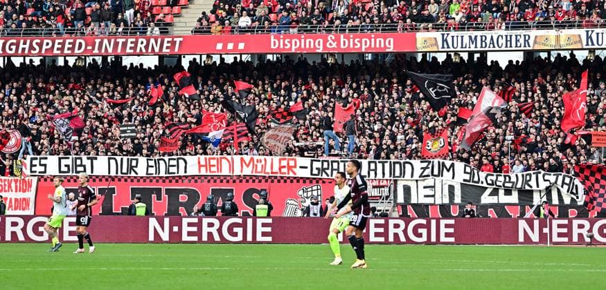 18 02 2024 Soccer Season 2023 2024 2 Soccer Bundesliga 22 Matchday 1 FC Nürnberg FCN Club 1 FC Kaiserslautern FCK Roten Teufel Sportfoto Zink xwoxzix DFL regulations prohibit any use of photographs as image sequences and or quasi video only for editorial use Banner Clubfans Fans Fanblock Geburtstag Heini Müller