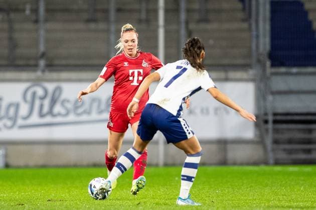 Google Pixel Women Bundesliga 14 Matchday MSV Duisburg 1 FC Köln 18 02 2024 Janina Hechler 1 FC Köln, 28 in duel with Cin Miray MSV Duisburg, 7 Google Pixel Women Bundesliga 14 Matchday MSV Duisburg 1 FC Köln Schauinsland Reisen Arena Duisburg 18 02 2024 DFB DFL REGULATIONS PROHIBIT ANY USE OF PHOTOGRAPHS AS IMAGE SEQUENCES AND OR QUASI VIDEO Copyright: xBEAUTIFULxSPORTS Buriakovx