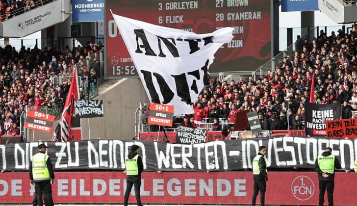 18 02 2024 Soccer Season 2023 2024 2 Soccer Bundesliga 22 Matchday 1 FC Nürnberg FCN Club 1 FC Kaiserslautern FCK Roten Teufel Sportfoto Zink DaMa xdaxmax DFL regulations prohibit any use of photographs as image sequences and or quasi video only for editorial use Clubfan Clubfans FCN Fans Fans protest inside the stadium during the match with banners banners signs and flags against the DFL and the planned investor entry
