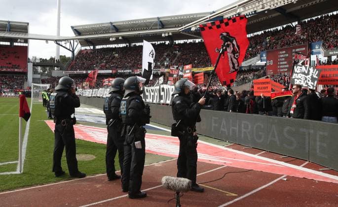 18 02 2024 Soccer Season 2023 2024 2 Soccer Bundesliga 22 Matchday 1 FC Nürnberg FCN Club 1 FC Kaiserslautern FCK Roten Teufel Sportfoto Zink DaMa xdaxmax DFL regulations prohibit any use of photographs as image sequences and or quasi video only for editorial use Clubfan Clubfans FCN Fans Fans protest in the interior during the game with banners banners signs and flags against the DFL and the planned investor entry observed by the police