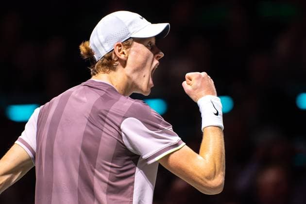 2024-02-18 ABN AMRO Open 2024 - Day 7 ROTTERDAM, NETHERLANDS - FEBRUARY 18: Jannik Sinner of Italy celebrates after scoring a point during Day 7 of the ABN AMRO Open 2024 at Ahoy on February 18, 2024 in Rotterdam, Netherlands. (Photo by Joris Verwijst BSR Agency) Rotterdam Netherlands Content not available for redistribution in The Netherlands directly or indirectly through any third parties. Copyright: xBSRxAgencyx