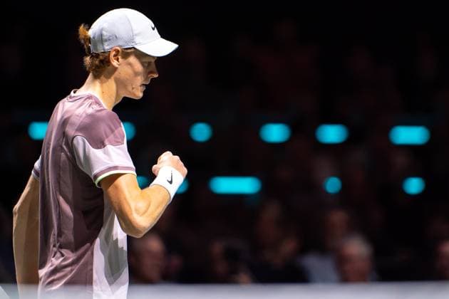 2024-02-18 ABN AMRO Open 2024 - Day 7 ROTTERDAM, NETHERLANDS - FEBRUARY 18: Jannik Sinner of Italy celebrates a point during Day 7 of the ABN AMRO Open 2024 at Ahoy on February 18, 2024 in Rotterdam, Netherlands. (Photo by Joris Verwijst BSR Agency) Rotterdam Netherlands Content not available for redistribution in The Netherlands directly or indirectly through any third parties. Copyright: xBSRxAgencyx