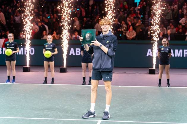 2024-02-18 ABN AMRO Open 2024 - Day 7 ROTTERDAM, NETHERLANDS - FEBRUARY 18: Jannik Sinner of Italy is seen posing with his trophy after winning the tournament during Day 7 of the ABN AMRO Open 2024 at Ahoy on February 18, 2024 in Rotterdam, Netherlands. (Photo by Joris Verwijst BSR Agency) Rotterdam Netherlands Content not available for redistribution in The Netherlands directly or indirectly through any third parties. Copyright: xBSRxAgencyx