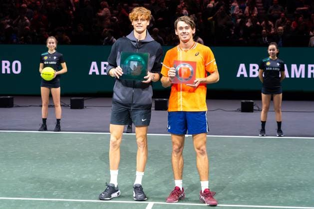 2024-02-18 ABN AMRO Open 2024 - Day 7 ROTTERDAM, NETHERLANDS - FEBRUARY 18: Jannik Sinner of Italy is seen posing with Alex de Minaur of Australia and his trophy after winning the tournament during Day 7 of the ABN AMRO Open 2024 at Ahoy on February 18, 2024 in Rotterdam, Netherlands. (Photo by Joris Verwijst BSR Agency) Rotterdam Netherlands Content not available for redistribution in The Netherlands directly or indirectly through any third parties. Copyright: xBSRxAgencyx de Minaur of Australia and his trophy after winning the tournament during Day 7 of the ABN AMRO Open 2024 at Ahoy on February 18, 2024 in Rotterdam, Netherlands. (Photo by Joris Verwijst BSR Agency) Rotterdam Netherlands Content not available for redistribution in The Netherlands directly or indirectly through any third parties. Copyright: xJorisxVerwijstx