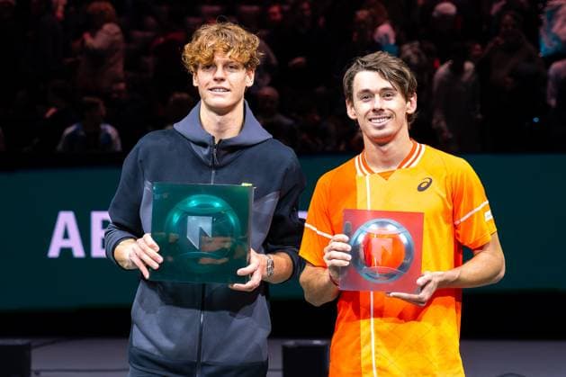 2024-02-18 ABN AMRO Open 2024 - Day 7 ROTTERDAM, NETHERLANDS - FEBRUARY 18: Jannik Sinner of Italy is seen posing with Alex de Minaur of Australia and his trophy after winning the tournament during Day 7 of the ABN AMRO Open 2024 at Ahoy on February 18, 2024 in Rotterdam, Netherlands. (Photo by Joris Verwijst BSR Agency) Rotterdam Netherlands Content not available for redistribution in The Netherlands directly or indirectly through any third parties. Copyright: xBSRxAgencyx de Minaur of Australia and his trophy after winning the tournament during Day 7 of the ABN AMRO Open 2024 at Ahoy on February 18, 2024 in Rotterdam, Netherlands. (Photo by Joris Verwijst BSR Agency) Rotterdam Netherlands Content not available for redistribution in The Netherlands directly or indirectly through any third parties. Copyright: xJorisxVerwijstx