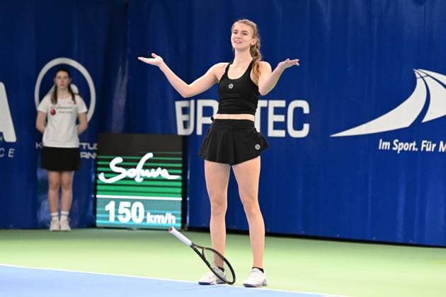 Winner Julia Avdeeva RUS after the match point Burgwaechter Ladies Open 2024, Womens Tennis, ITF World Ranking Tournament, Final, Singles, Alison Van Uytvanck BEL vs Julia Avdeeva RUS , 18 02 2024 Burgwaechter Ladies Open 2024, Womens Tennis, ITF World Ranking Tournament, 12 18 02 2024 Altenkirchen Copyright: xAugstx xEibner-Pressefotox EP_jat