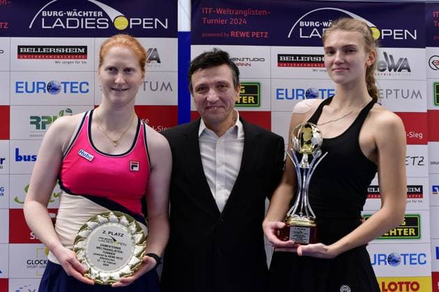 Runner-up Alison Van Uytvanck BEL , Tournament Director Razvan Mihai GER , Winner Julia Avdeeva RUS Burgwaechter Ladies Open 2024, Womens Tennis, ITF World Ranking Tournament, Final, Singles, Alison Van Uytvanck BEL vs Julia Avdeeva RUS , 18 02 2024 Burgwaechter Ladies Open 2024, Womens Tennis, ITF World Ranking Tournament, 12 18 02 2024 Altenkirchen Copyright: xAugstx xEibner-Pressefotox EP_jat