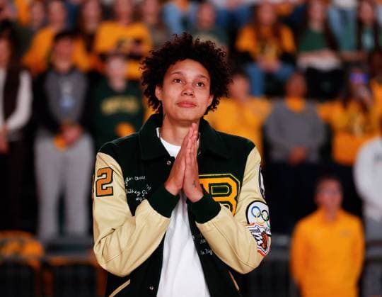 February 18, 2024: Former Baylor University basketball star Brittney Griner tears up during a ceremony retiring her jersey No. 42 and lifting a banner above the Foster Pavilion before a Big 12 Conference womenÃ¢â‚¬â ¢s basketball game against Texas Tech on February 18, 2024, in Waco. - ZUMAc201 20240218_zap_c201_035 Copyright: xScottxColemanx