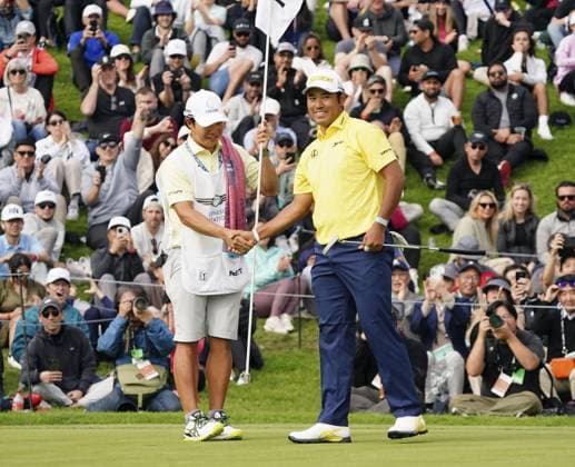 Golf: Genesis Invitational Japan s Hideki Matsuyama (R) finishes his final round of the Genesis Invitational golf tournament on Feb. 18, 2024, at the Riviera Country Club in Pacific Palisades, California.  A14AA0002482320P