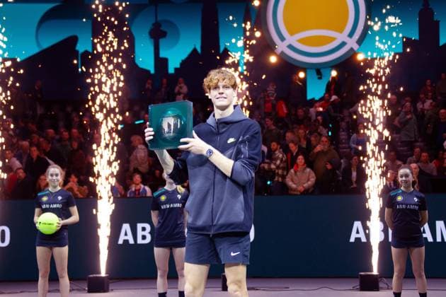 (240219) -- ROTTERDAM, Feb. 19, 2024 -- Italy s Jannik Sinner poses with the trophy after defeating Australia s Alex de Minaur in the men s singles final at the ABN Amro Open ATP, Tennis Herren tournament, in Rotterdam, the Netherlands, Feb. 18, 2024. (Photo by Sylvia Lederer Xinhua) (SP)NETHERLANDS-ROTTERDAM-TENNIS-ABN AMRO OPEN ATP WangxXiangjiang 