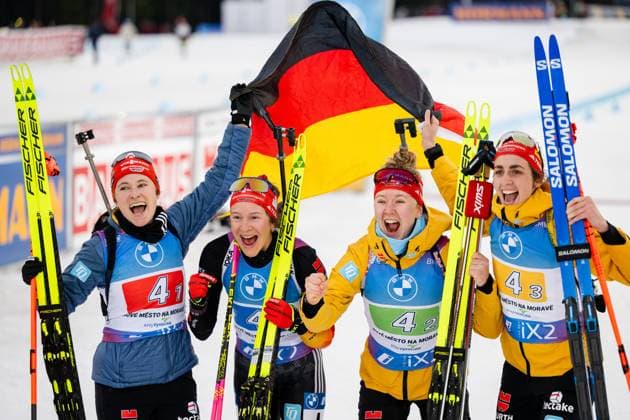 240217 Janina Hettich-Walz, Sophia Schneider, Selina Grotian and Vanessa Voigt of Germany celebrate after women s 4 x 6 km Relay during the IBU Biathlon World Championships on February 17, 2024 in Nove Mesto na Morave. Photo: Petter Arvidson BILDBYRAN kod PA PA0766 bbeng skidskytte biathlon skiskyting skidskytte-vm vm ibu world championships biathlon world championships stafett dam relay jubel *** 240217 Janina Hettich Walz, Sophia Schneider, Selina Grotian and Vanessa Voigt of Germany celebrate after women s 4 x 6 km Relay during the IBU Biathlon World Championships on February 17, 2024 in Nove Mesto na Morave Photo Petter Arvidson BILDBYRAN code PA PA0766 bbeng biathlon biathlon biathlon biathlon biathlon world championships world championships ibu world championships biathlon world championships relay women relay jubel  Copyright: PETTERxARVIDSON BB240217PA120