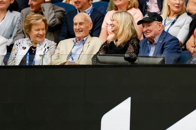 Feature Australian Open,L R Tennis legends Neale Fraser with wife Thea and Rod Laver with partner Susan Johnson in the VIP box on Centre Court, Australian Open 2024, Melbourne Park, Melbourne, Victoria, Australia Copyright: xJuergenxHasenkopfx