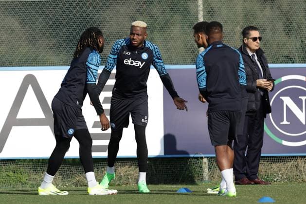 Italy: training session SSC Napoli SSC Napoli s Nigerian forward Victor Osimhen looks during training ahead of the UEFA Champions League against Barcellona at Konami Center on February 20, 2024, in Castel Volturno, Italy. ABPH7650 Copyright: xAntonioxBalascox