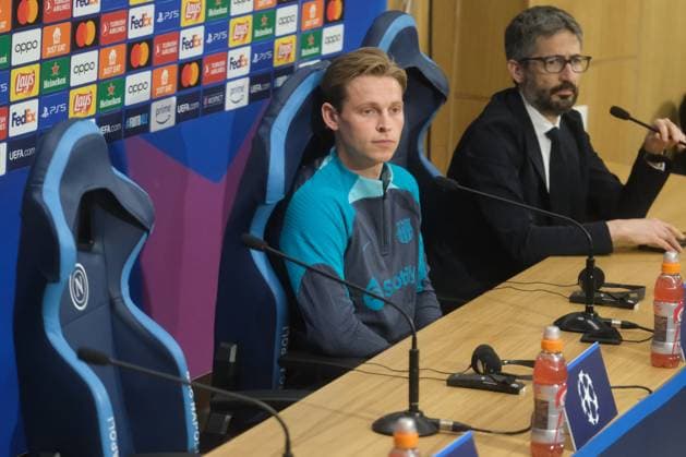 press conference, PK, Pressekonferenz Barcellona CL Barcellona s Dutch midfielder Frenkie de Jong During press conference Barcellona before UEFA Champions League match against SSC Napoli at the Diego Armando Maradona stadium February 20, 2024, in Naples, Italy. DSCF4722 Copyright: xAntonioxBalascox