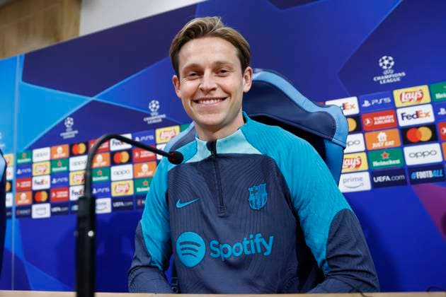 Frenkie de Jong FC Barcelona, Barca looks on, UEFA Champions League Round of 16, FC Barcelona press conference, PK, Pressekonferenz Diego Armando Maradona Stadium, February 20, 2024, Naples, Italy.