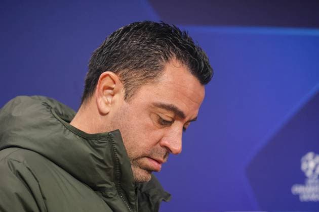 champions league press conference, PK, Pressekonferenz between Naples and Barcelona 20 02 2024 Naples, pre-match press conference of the 2024 Champions League between Naples and Barcelona valid for the round of 16 In the picture: coach fc Barcellona Xavi NAPOLI stadio Diego Armando Maradona CAMPANIA ITALIA Copyright: xFABIOxSASSOxFabioxSassox IMG_3462