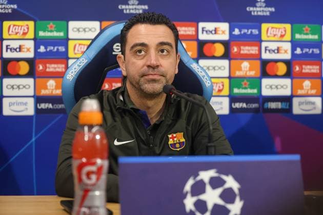 champions league press conference, PK, Pressekonferenz between Naples and Barcelona 20 02 2024 Naples, pre-match press conference of the 2024 Champions League between Naples and Barcelona valid for the round of 16 In the picture: coach fc Barcellona Xavi NAPOLI stadio Diego Armando Maradona CAMPANIA ITALIA Copyright: xFABIOxSASSOxFabioxSassox IMG_3480