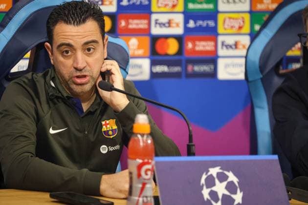 champions league press conference, PK, Pressekonferenz between Naples and Barcelona 20 02 2024 Naples, pre-match press conference of the 2024 Champions League between Naples and Barcelona valid for the round of 16 In the picture: coach fc Barcellona Xavi NAPOLI stadio Diego Armando Maradona CAMPANIA ITALIA Copyright: xFABIOxSASSOxFabioxSassox IMG_3516