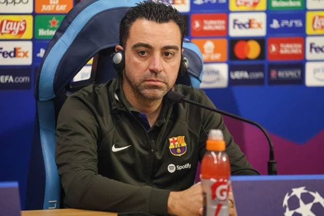 February 20, 2024, Napoli, Campania, ITALIA: 20 02 2024 Naples, pre-match press conference, PK, Pressekonferenz of the 2024 Champions League between Naples and Barcelona valid for the round of 16..In the picture: coach fc Barcellona Xavi Napoli ITALIA - ZUMAs236 20240220_aap_s236_025 Copyright: xFabioxSassox