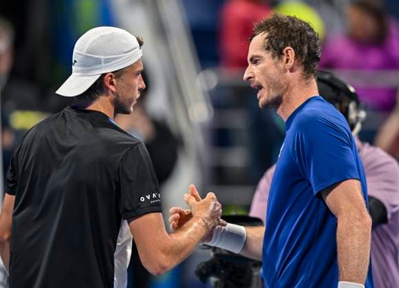 ATP, Tennis Herren Qatar Exxonmobil Open Tennis Tournament 2024 Andy Murray (R) of Great Britain is shaking hands with Alexandre Muller of France after winning the round of 32 singles match at the ATP Qatar ExxonMobil Open tennis tournament at the Khalifa International Tennis Complex in Doha, Qatar, on February 20, 2024. DOHA Qatar  Copyright: xNoushadxThekkayilx originalFilename:varittyakkal-atpqatar240220_npcdC.jpg