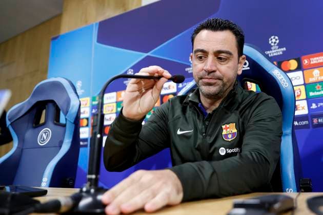 Head Coach Xavi FC Barcelona, Barca looks on, UEFA Champions League Round of 16, FC Barcelona press conference, PK, Pressekonferenz Diego Armando Maradona Stadium, February 20, 2024, Naples, Italy.