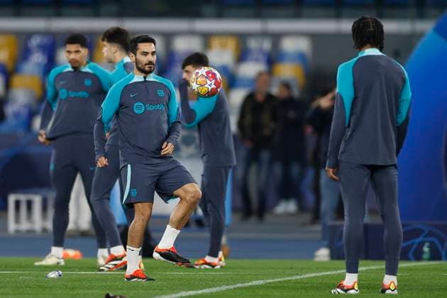 Ä°lkay Gundogan FC Barcelona, Barca in action, UEFA Champions League Round of 16, FC Barcelona training, Diego Armando Maradona Stadium, February 20, 2024, Naples, Italy.