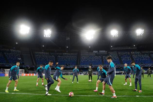 FC Barcelona, Barca players warm up, UEFA Champions League Round of 16, FC Barcelona training, Diego Armando Maradona Stadium, February 20, 2024, Naples, Italy.