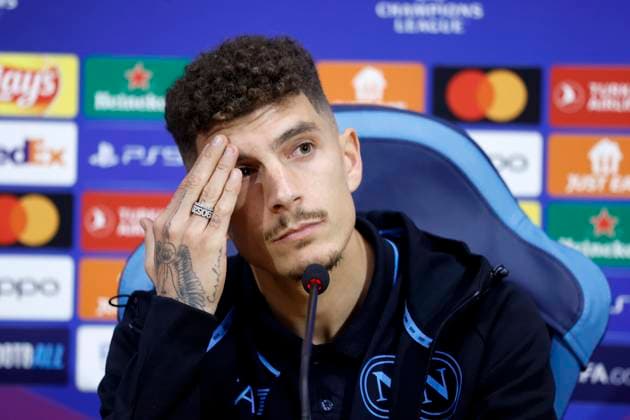 Giovanni Di Lorenzo (SSC Napoli) looks on, UEFA Champions League Round of 16, SSC Napoli press conference, PK, Pressekonferenz Diego Armando Maradona Stadium, February 20, 2024, Naples, Italy.