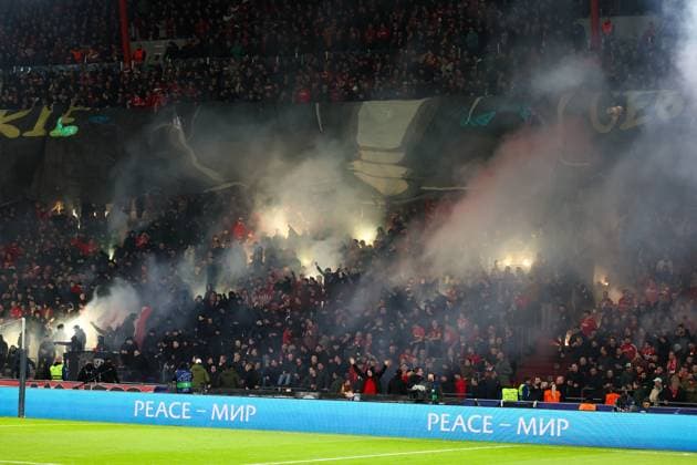 EINDHOVEN, 20-02-2024, Philips Stadium, UEFA Champions League season 2023 24, match between PSV and Borussia Dortmund, Fireworks by the stand of PSV fans PSV - Borussia Dortmund  x24343835x Copyright: