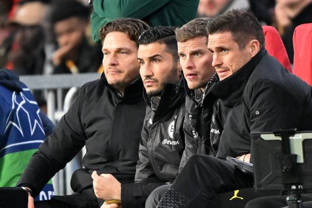 Eindhoven, Philips Stadion, 20 02 24, GER, Men, UEFA Champions League, Season 2023 2024, PSV Eindhoven Borussia Dortmund Picture from left Coach Edin TERZIC Dortmund , Co Coach Nuri SAHIN Dortmund , Co Coach Sven BENDER Dortmund and Sports Director Sebastian KEHL Dortmund Only for editorial use UEFA regulations prohibit any use of photographs as image sequences and or quasi video North Brabant Netherlands