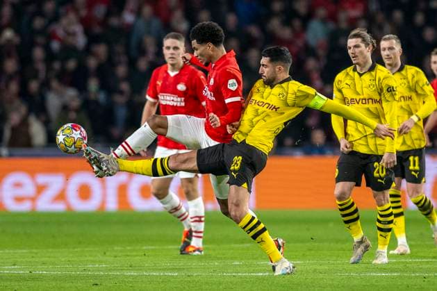 Duel between Malik Tillman PSV Eindhoven, 10 and Emre Can Borussia Dortmund 09, 23 Football UEFA Champions League, Season 2023 2024, Round of 16, Round 1 of 2, PSV Eindhoven Borussia Dortmund on 20 02 2024 at Phillips Stadium in Eindhoven Photo Kirchner Media TH Copyright: xKirchner-Media THx