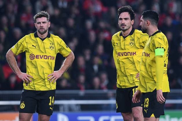 Soccer Champions League round of 16 PSV Eindhoven Borussia Dortmund on 20 02 2024 at Philips Stadion in Eindhoven Niclas Füllkrug Dortmund , left Mats Hummels Dortmund , center Emre Can Dortmund , right xRx