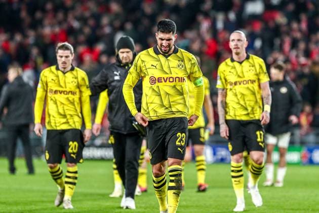 Emre Can Borussia Dortmund BVB, 23 , Marcel Sabitzer Borussia Dortmund BVB, 20 , Marius Wolf Borussia Dortmund BVB, 17 dissatisfied, disappointed disappointed after the match, NLD, PSV Eindhoven vs Borussia Dortmund BVB, UEFA Champions League 2023 24 eighth final, first leg, 20 02 2024, NLD, PSV Eindhoven vs Borussia Dortmund BVB, UEFA Champions League 2023 24 eighth final, first leg, 20 02 2024, Photo Eibner Pressefoto Gabriel Boia EIndhoven Copyright: xEibner-Pressefoto GabrielxBoiax EP_EER