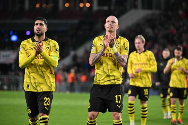 240220 UEFA CL Round of 16 PSV Eindhoven - Borussia Dortmund Emre Can of Borussia Dortmund and Marius Wolf of Borussia Dortmund pictured after a football game between PSV Eindhoven and Borussia Dortmund during the 1st leg of the Round of 16 in the UEFA Champions League 2023 - 2024 competition on February 20, 2024 in Eindhoven, The Netherlands. (Photo by Maarten Straetemans Isosport) EINDHOVEN The Netherlands  Copyright: xx 440923