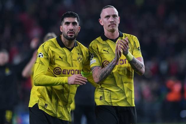 Soccer Champions League round of 16 PSV Eindhoven Borussia Dortmund on 20 02 2024 at Philips Stadion in Eindhoven Emre Can Dortmund , left Marius Wolf Dortmund , right xRx