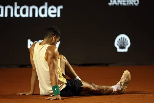 20th February 2024: Jockey Club, Brasileiro, Brazil: Rio Open Tennis tournament: Carlos Alcaraz (ESP) falls and injures his ankle against Thiago Monteiro (BRA) and had to retire from the match  ActionPlus12610836 DiaEsportivo