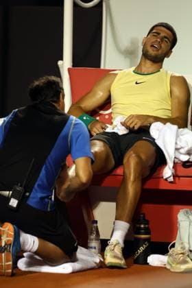 20th February 2024: Jockey Club, Brasileiro, Brazil: Rio Open Tennis tournament: Carlos Alcaraz (ESP) falls and injures his ankle against Thiago Monteiro (BRA) and had to retire from the match  ActionPlus12610841 DiaEsportivo
