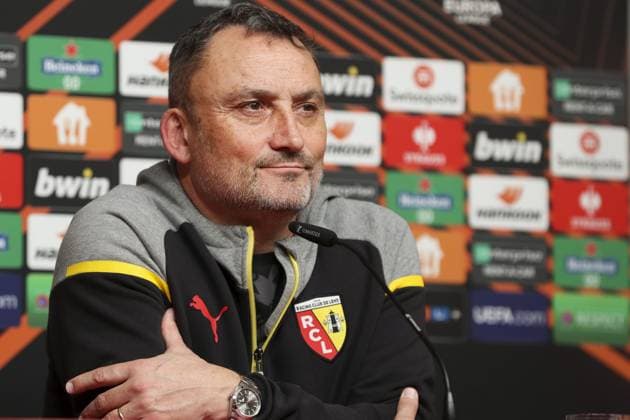 CONF RC LENS LIGUE EUROPA PHOTOPQR VOIX DU NORD SEVERINE COURBE ; 21 02 2024 ; Fribourg, Stade Europa, Allemagne le 21 02 24. Conference de presse du coach du RC Lens Franck Haise avant le match de barrage retour de Ligue Europa contre le SC Fribourg. PHOTO SEVERINE COURBE LA VOIX DU NORD Feb 21st 2024 press conference, PK, Pressekonferenz of RC Lens a day before its match against Fribourg in Europa League NORD PAS DE CALAIS France  Copyright: xPHOTOPQR VOIXxDUxNORD MAXPPPxSEVERINExCOURBEx 20240221VDN8671 20240221VDN8670