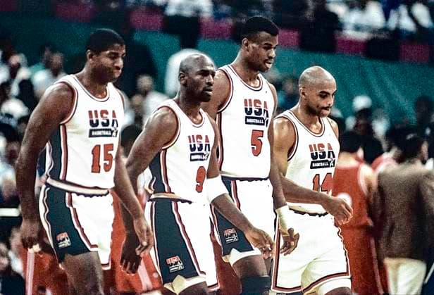 USA Basketball Dream Team L_R Team USA Magic Johnson, Michael Jordan, David Robinson,Charles Barkley,1992 Tournament of the Americas Portland Memorial Coliseum Oregon United States Copyright: xDuomo PCNx BK24N1 920028