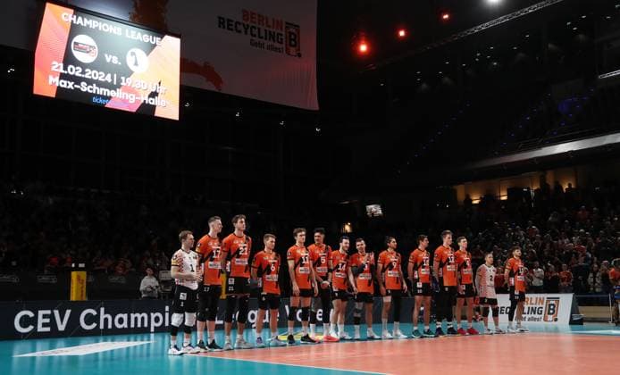 BR Volleys team before the start of the match Sport Volleyball CEV Champions League quarter-finals mens season 2023 2024 21 02 2024 BR Volleys Berlin BRV vs Itas Trentino